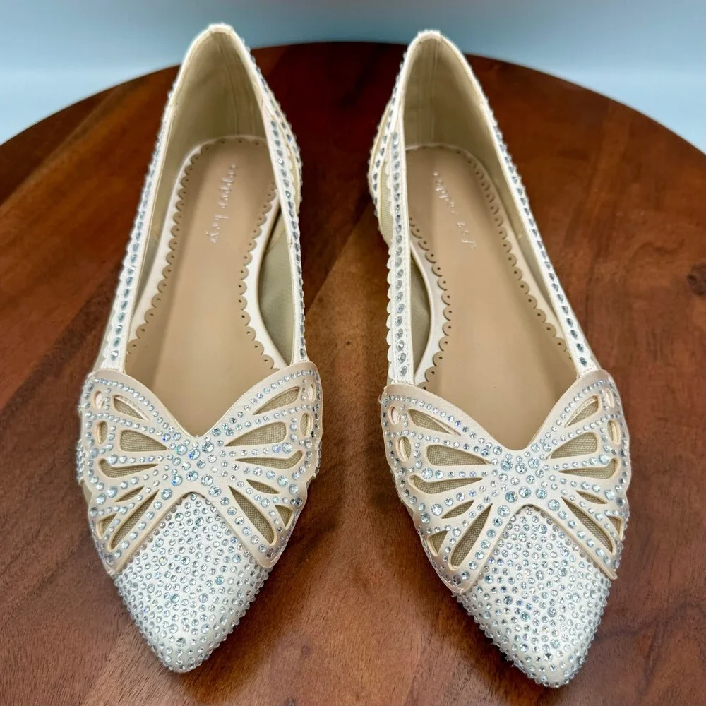 Copper Key Ritzie Satin Mesh Rhinestone Butterfly‎ Flats Bridal Fairy Glam W 8.5